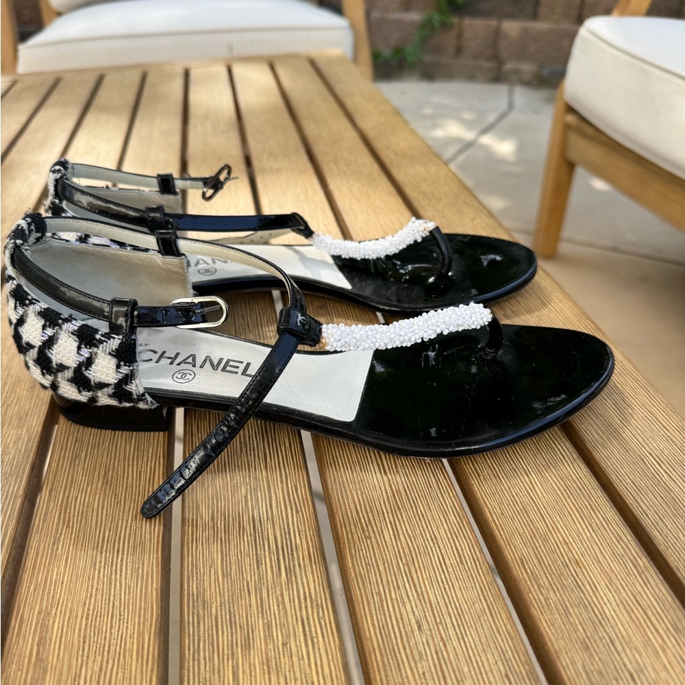 CHANEL Black and White Tweed Sandals